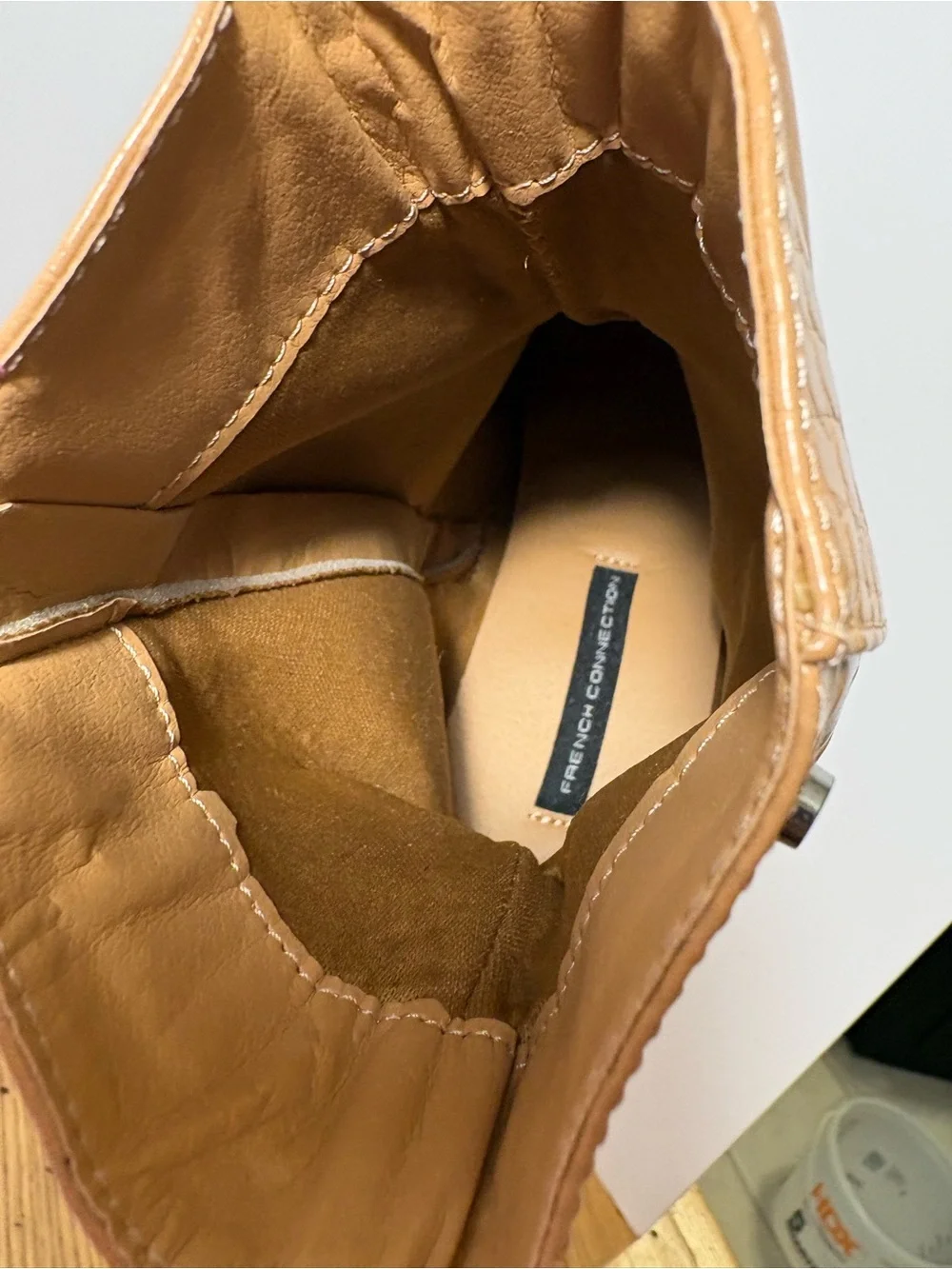 French Connection || Tan Crocodile Embossed Ankle Boots Block Heel Sz 9